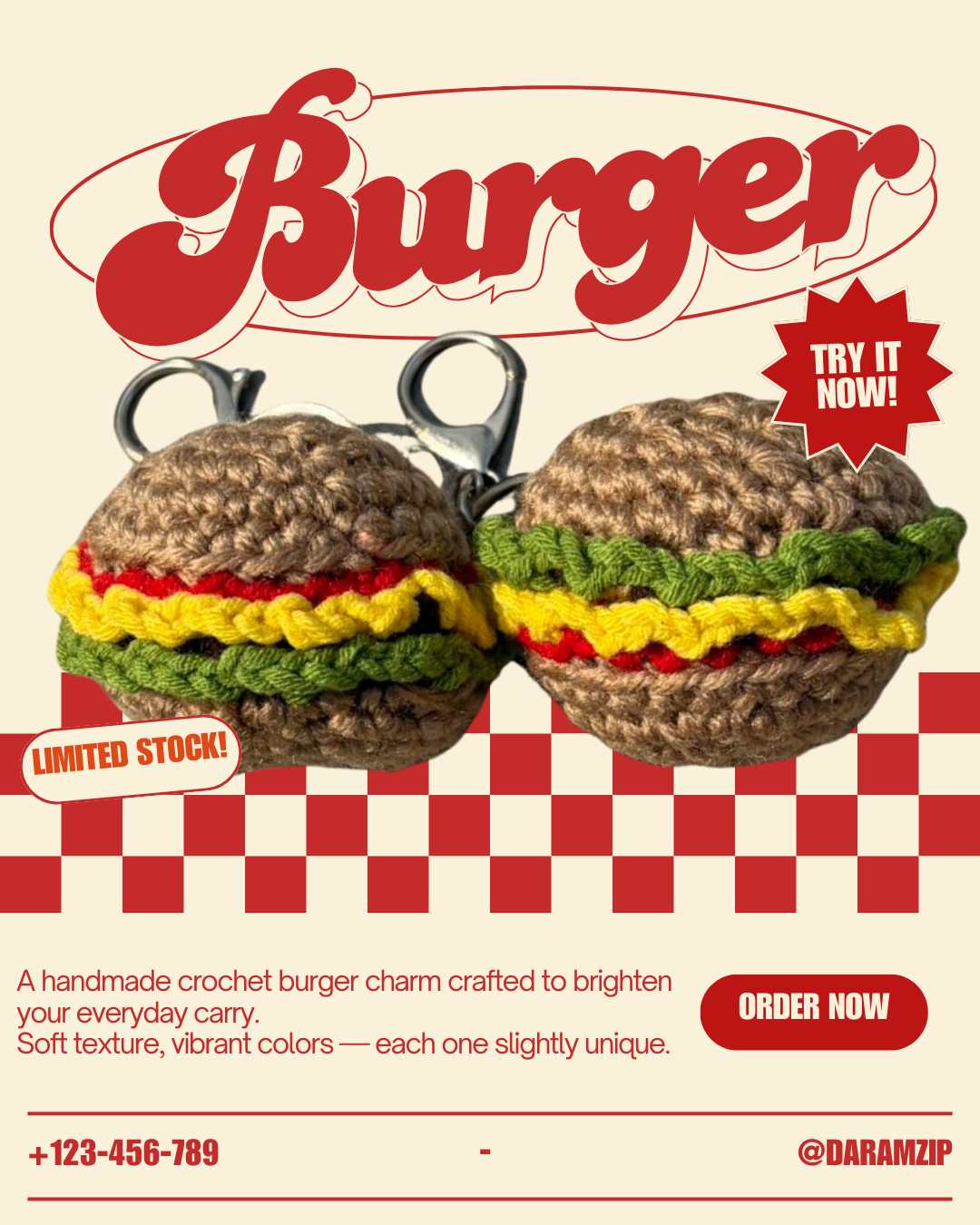 Retro Burger Crochet Charm